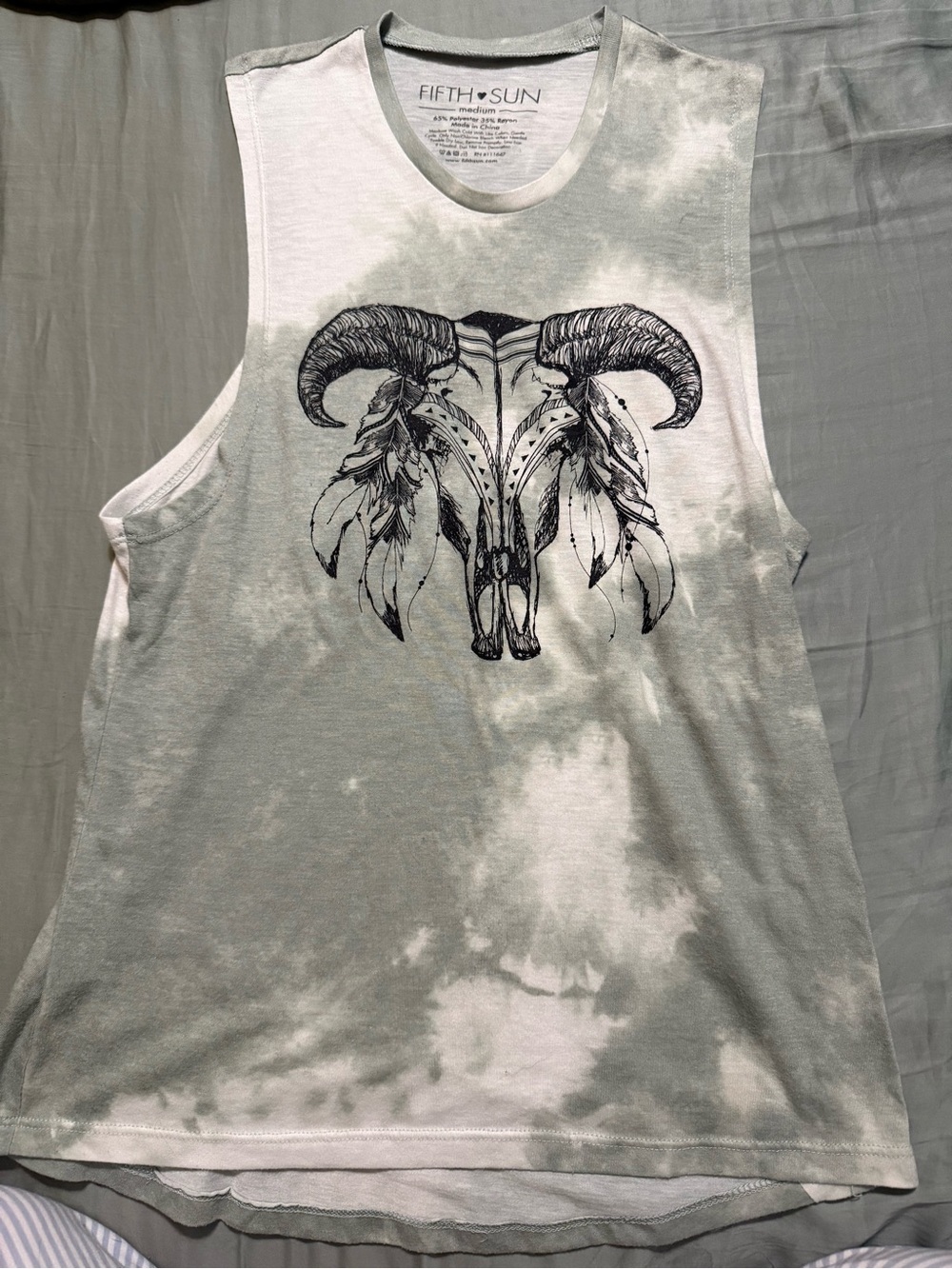 Fifth Sun Grey & White Tie-Dye Ram Skull Muscle Tank